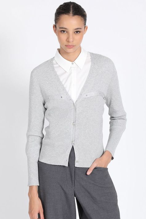 Cardigan Tejido Punto Remaches, Gris Liola-0