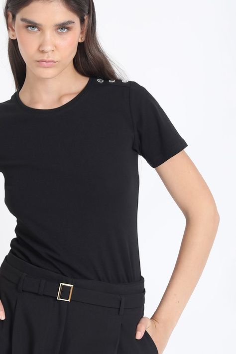 Polera Algodón Spandex Aplicación Strass, Negro Liola-0