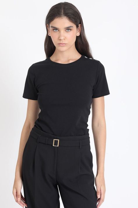 Polera Algodón Spandex Aplicación Strass, Negro Liola-2