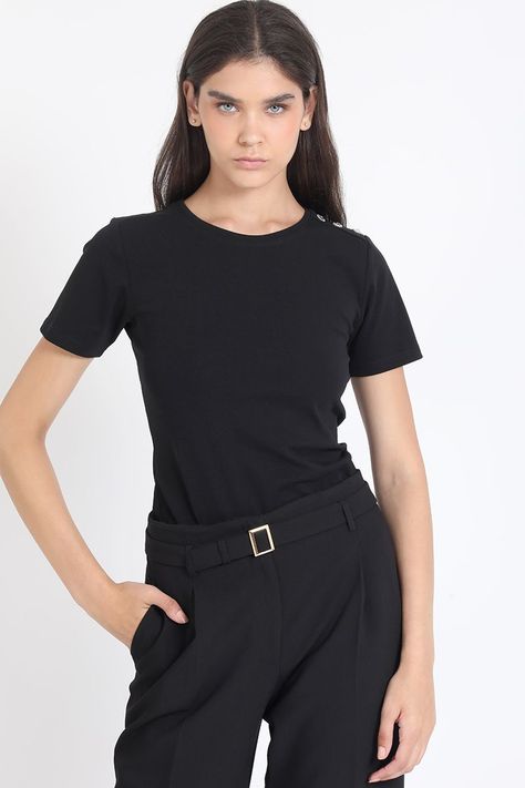 Polera Algodón Spandex Aplicación Strass, Negro Liola-3