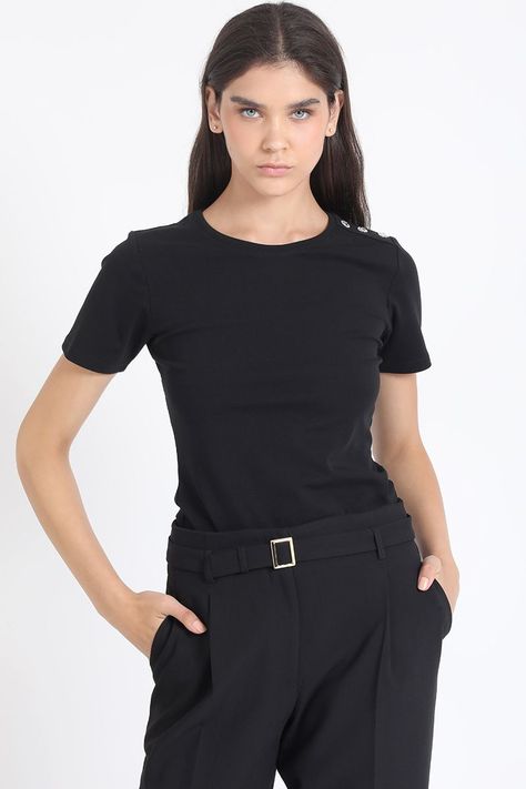 Polera Algodón Spandex Aplicación Strass, Negro Liola-5
