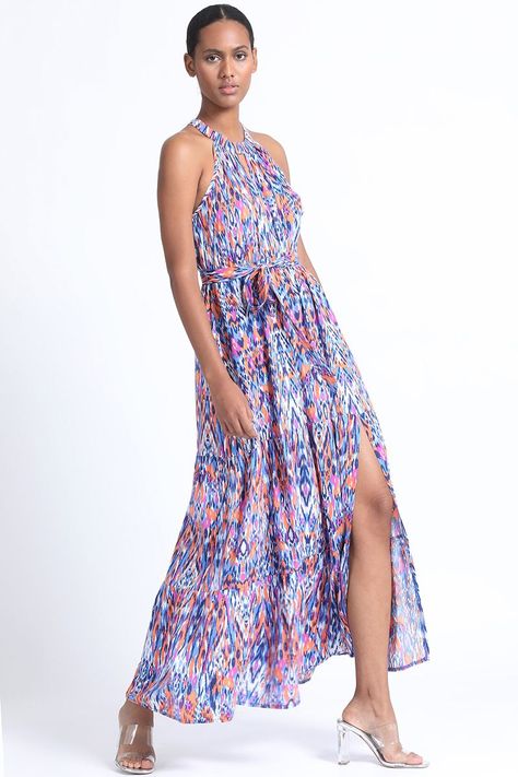 Vestido Maxi Halter Estampado Azul Liola-1