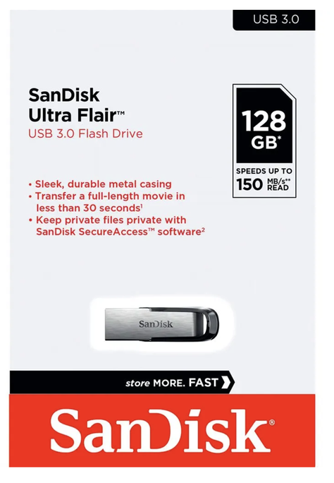 Pendrive Sandisk Ultra Flair 128 GB 3.0 Plateado Con Negro 150 Mb/s-1