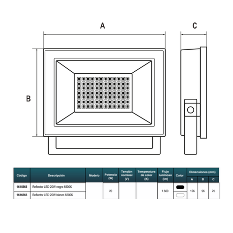 REFLECTOR LED 20W NEGRO 6500K IP65 -2