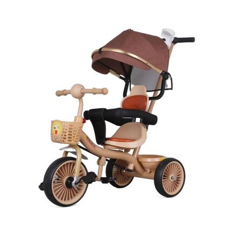 Triciclo Infantil 2 Etapas Metálico con Techo y Barra Guía Rosa-0