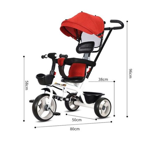 Triciclo Infantil 2 Etapas Metálico con Techo y Barra Guía Rosa-2