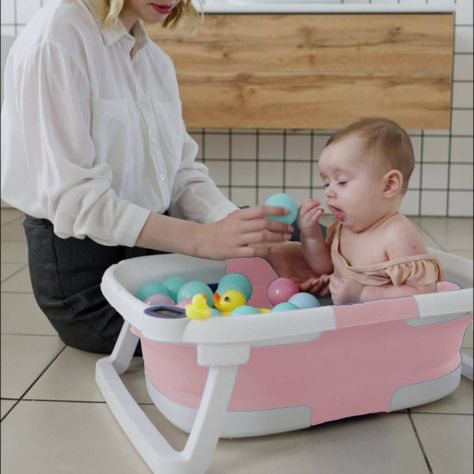 Tina Bañera Plegable para Bebé con Cojín y Termómetro Rosa-4