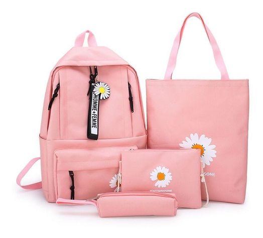 Mochila Escolar Margarita Colegial 4 Piezas Rosa-0