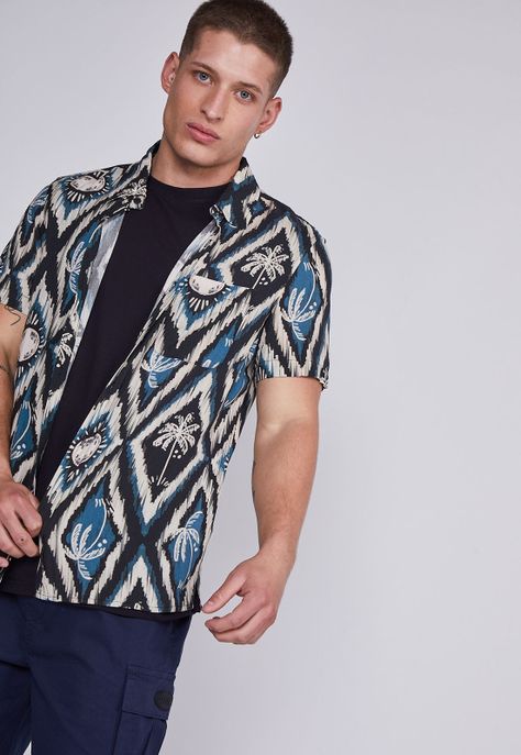Camisa Hombre Azul Palmeras Sioux-2