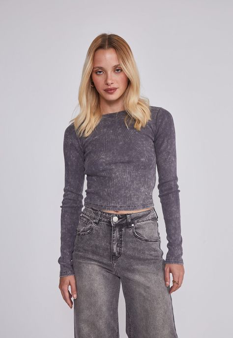 Polera Mujer Efecto Lavado Gris Sioux-3