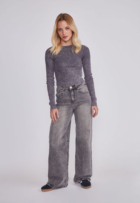 Polera Mujer Efecto Lavado Gris Sioux-4