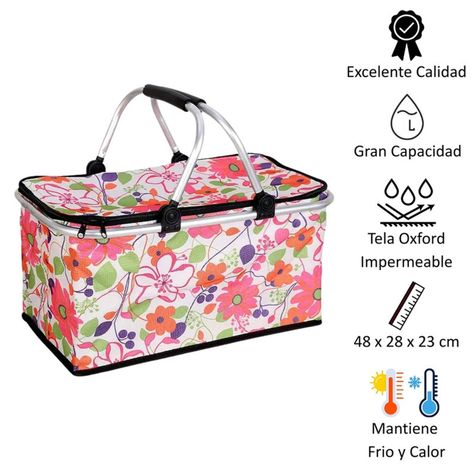 Bolso Termico Plegable Flores Rosa Cooler Canasta Picnic-1