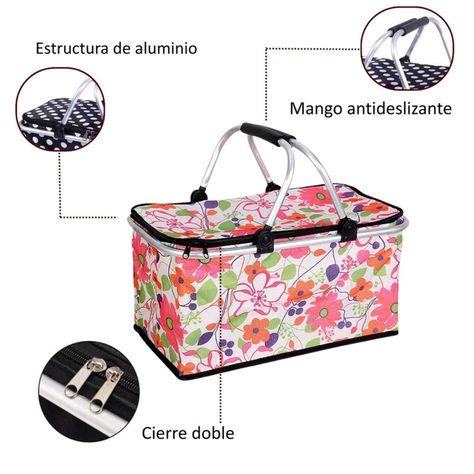 Bolso Termico Plegable Flores Rosa Cooler Canasta Picnic-2