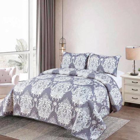 Cubrecama Quilt 2 Plazas Diseño Picas Gris Con Pompones-0
