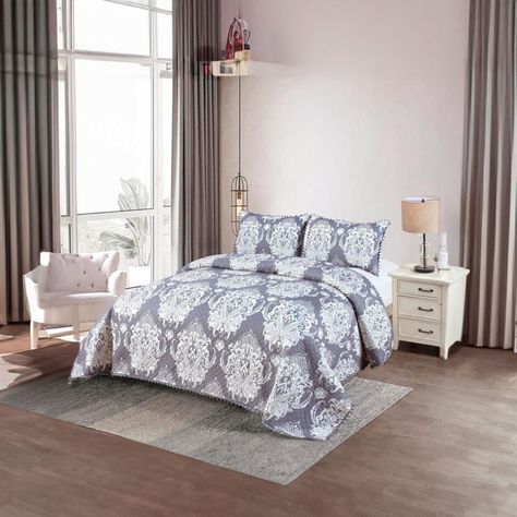 Cubrecama Quilt 2 Plazas Diseño Picas Gris Con Pompones-1