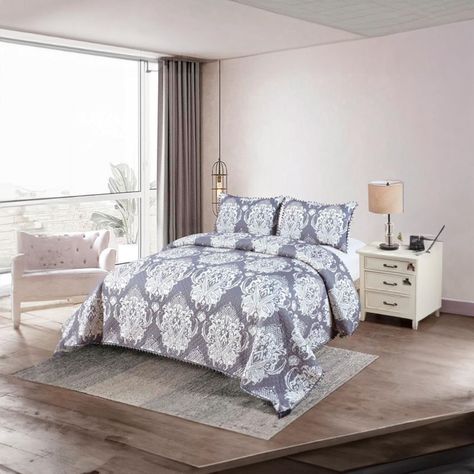 Cubrecama Quilt 2 Plazas Diseño Picas Gris Con Pompones-2