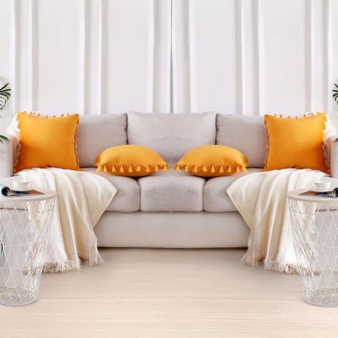 Fundas Para Cojín 45x45 Decorativas Con Borla Amarillo Pack 4U-4