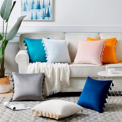 Funda Terciopelo Con Borla Turquesa Decorativa 45x45-3