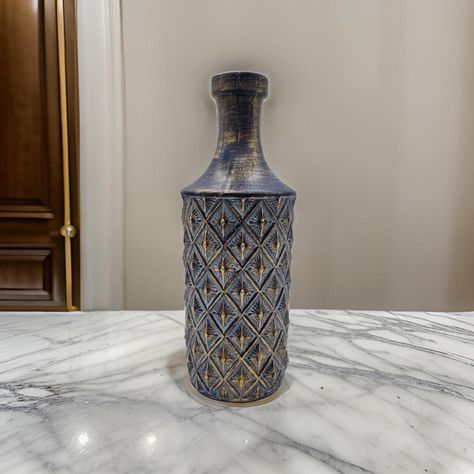 Jarron Florero Ceramica Diseño Rombos Azul Dorado Alargado-1