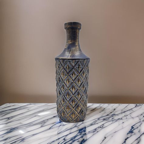 Jarron Florero Ceramica Diseño Rombos Azul Dorado Alargado-2