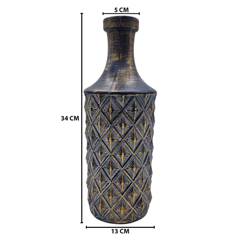 Jarron Florero Ceramica Diseño Rombos Azul Dorado Alargado-6
