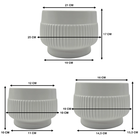 Set 3 Maceteros Maceta De Ceramica Lineas Relieve Blanco-8