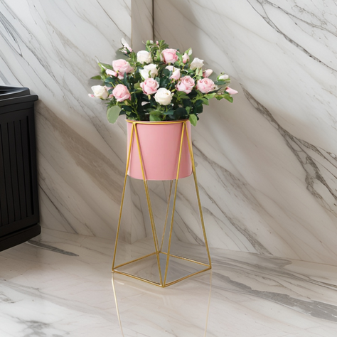 Porta Macetero Pedestal Maceta Plantas Rosado Dorado Mediano-2