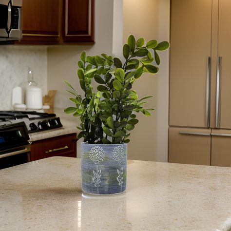 Planta Artificial Tropical Macetero Ceramica Azul Blanco-2
