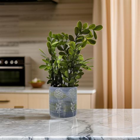 Planta Artificial Tropical Macetero Ceramica Azul Blanco-3