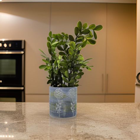 Planta Artificial Tropical Macetero Ceramica Azul Blanco-4