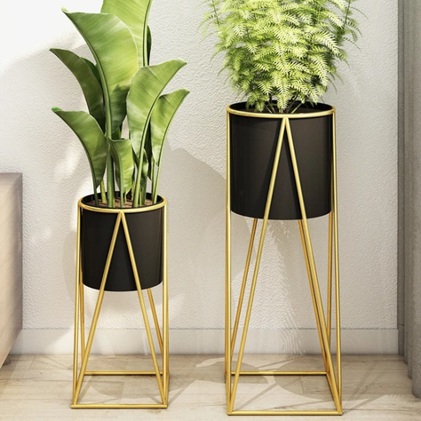 Set 2 Porta Maceteros Pedestal Maceta Plantas Negro Dorados-1