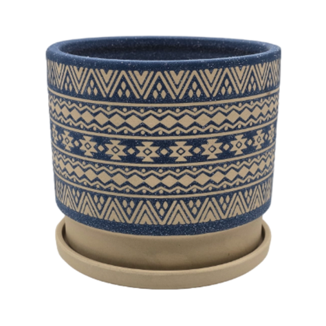 Macetero Maceta De Ceramica Azul Con Patrones Beige S-0