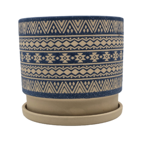 Macetero Maceta De Ceramica Azul Con Patrones Beige S-1