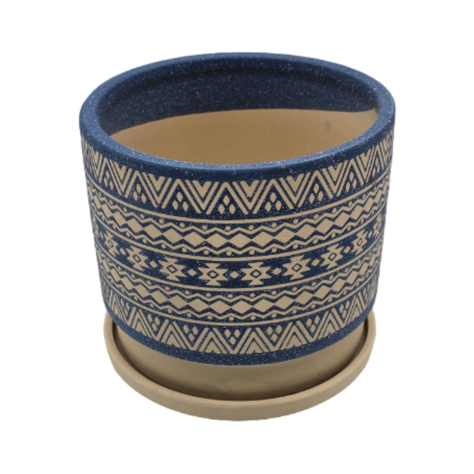 Macetero Maceta De Ceramica Azul Con Patrones Beige S-2