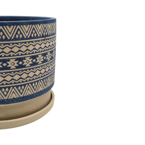 Macetero Maceta De Ceramica Azul Con Patrones Beige S-3
