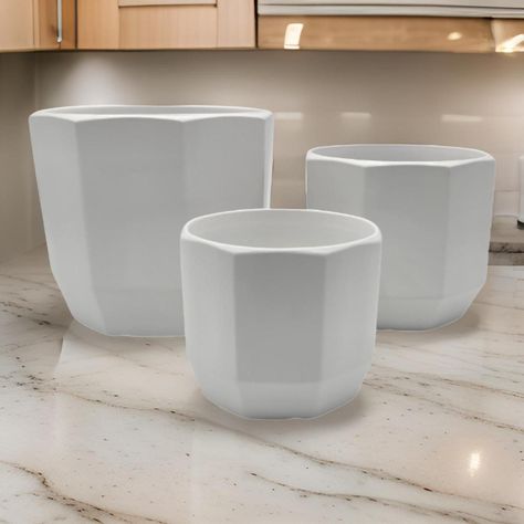 Set 3 Maceteros Maceta De Ceramica Blancos Lineas Verticales-2