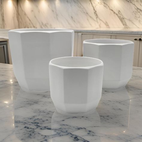 Set 3 Maceteros Maceta De Ceramica Blancos Lineas Verticales-3