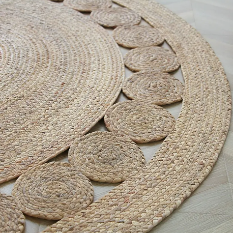 Alfombra Redonda De Yute Borde De Circulos y Franja Natural-1