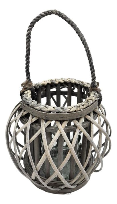 Candelabro Porta Vela Mimbre Rustico Gris Redondo Terraza-1