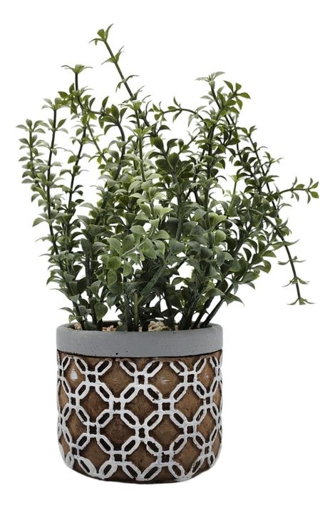 Planta Artificial Tropical Macetero Ceramica Café Con Blanco-0