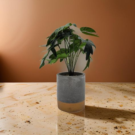 Planta Artificial Tropical Macetero Ceramica Gris Con Dorado-2
