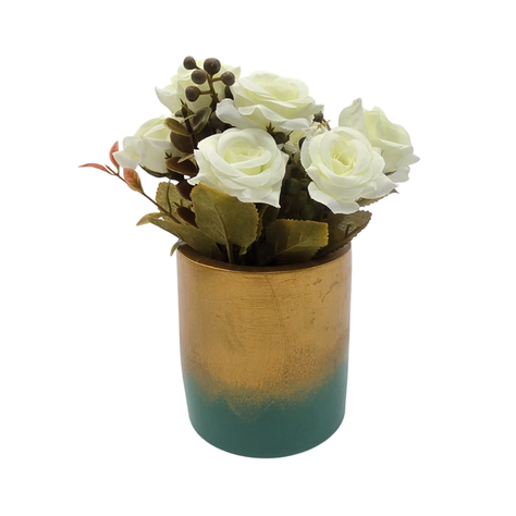 Planta Artificial Macetero Dorado Con Rosas Decorativas-0