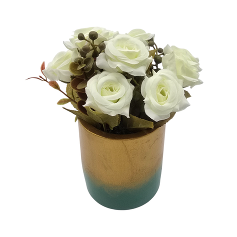 Planta Artificial Macetero Dorado Con Rosas Decorativas-1