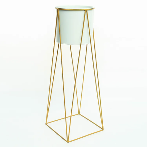 Porta Macetero Pedestal Maceta Plantas Blanco Dorado-0