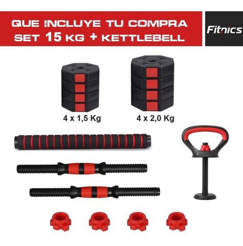 Mancuernas Ajustables Set 15kg 3 en 1 + Barra + Kettlebell-3