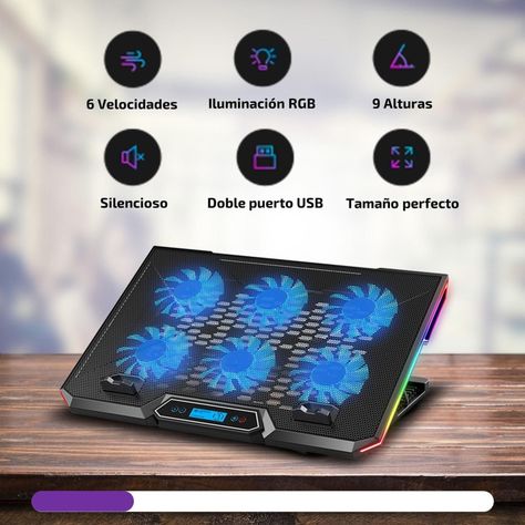 Base Ventilador Notebook Enfriador 6 Fans LCD RGB Hasta 17"-2