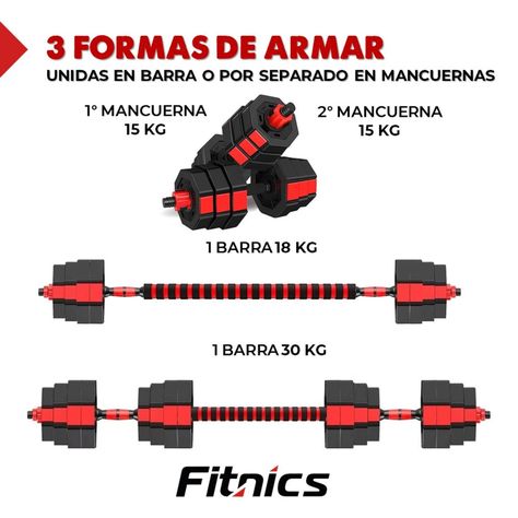 Mancuernas Ajustables Set 30 Kg Total Fitnics Unibles +Barra-4
