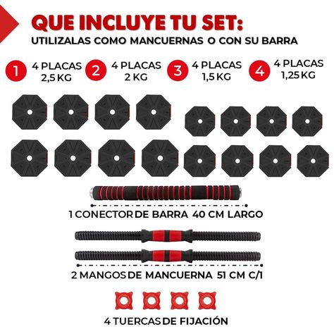 Mancuernas Ajustables Set 30 Kg Total Fitnics Unibles +Barra-1