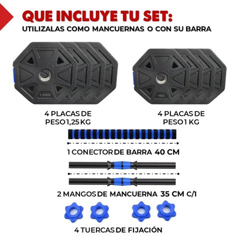 Mancuernas Ajustables Set de 10 Kg Total Fitnics 2en1 +Barra-1