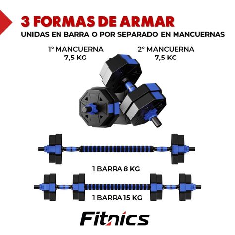 Mancuernas Ajustables Set de 15 Kg Total Fitnics 2en1 +Barra-4